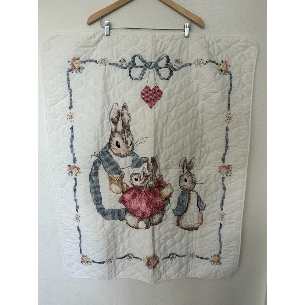 Vtg Peter Rabbit Cross Stitch Quilt Beatrix Potter Crib Blanket Wall Hanging